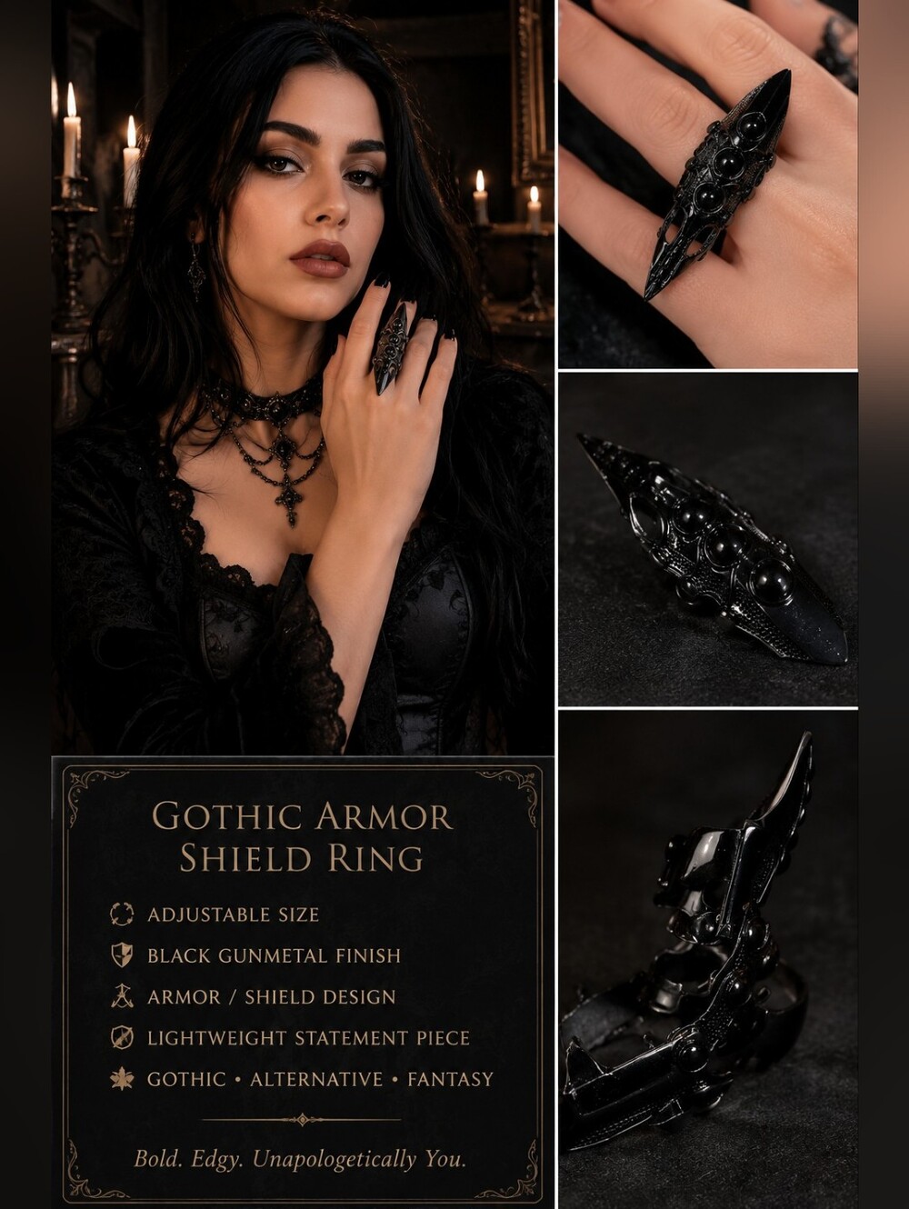 Gothic Black Armor Shield Statement Ring Adjustable Size